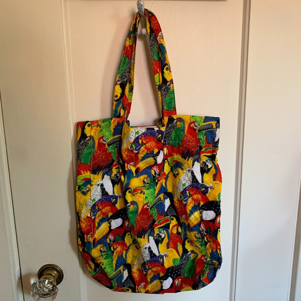 Tropical Bird Parrot Toucan Multi Color Cotton Canvas Tote Bag Hook Loop Closure